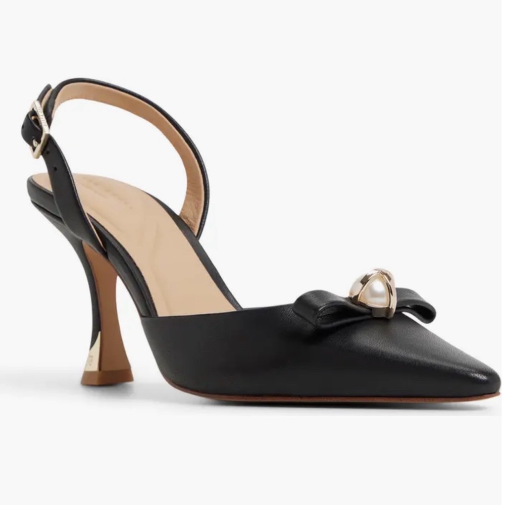 Ted Baker Sienna Slingback Pointed Toe Pump 8 Black Leather, Gold & Pearl Accent